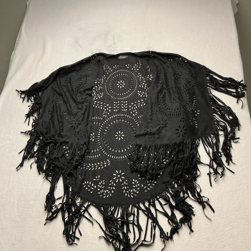 Choles Faux Suede Women's Black Laser Cut PonchoShawl Cover Up Fringe, OSFM,3982